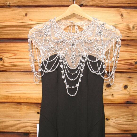 MAC DUGGAL 11775 Black Draped Pearl Beaded Mermaid Gown Dress - Picture 7 of 13